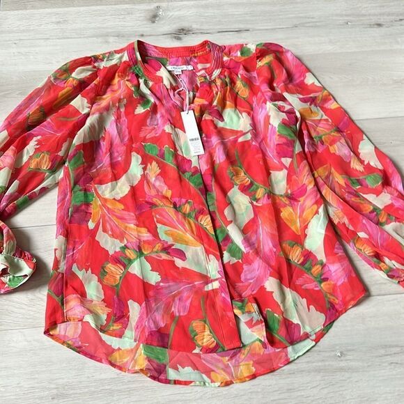 Chicos Georgette Foliage Print LS Blouse Flame Scarlet Size 0.5 NWT in packaging - Picture 7 of 8